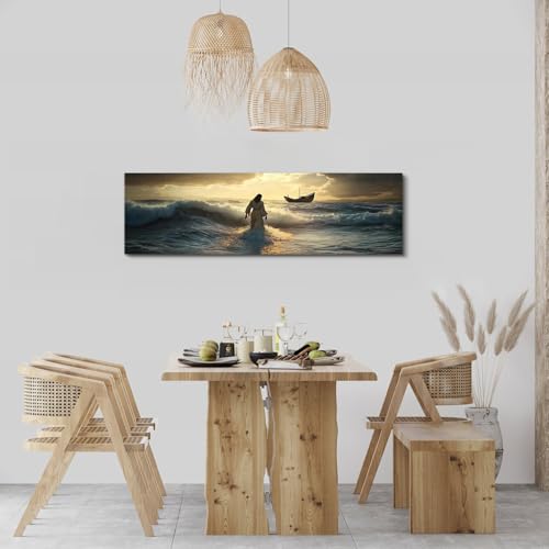 Jesus Walking on Water Canvas Wall Art - 14x48 Inch Religious Home Decor - Variation: Jesus01