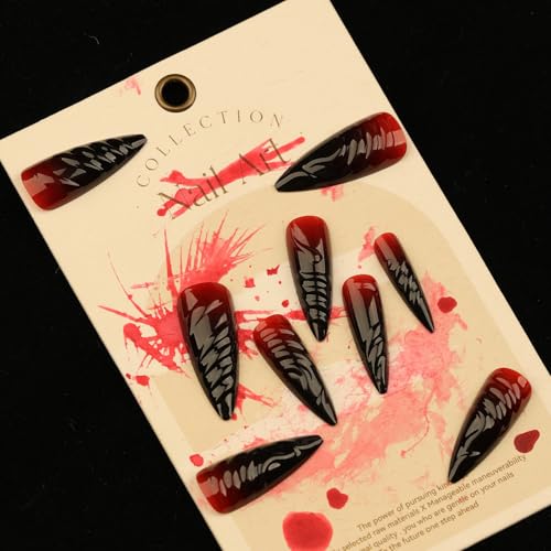 Press On Nails Long Stiletto Goth Red Black Vampire Design 24 pcs - Variation 06102Red&Black
