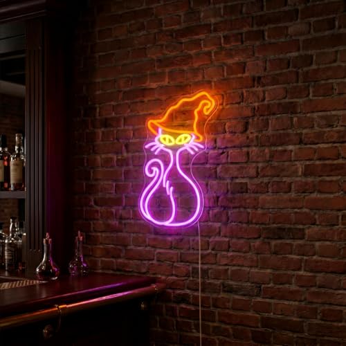 Witch Cat Neon Sign Wall Decor - 15.75x10.08 Inch LED Halloween Light with Dimmer