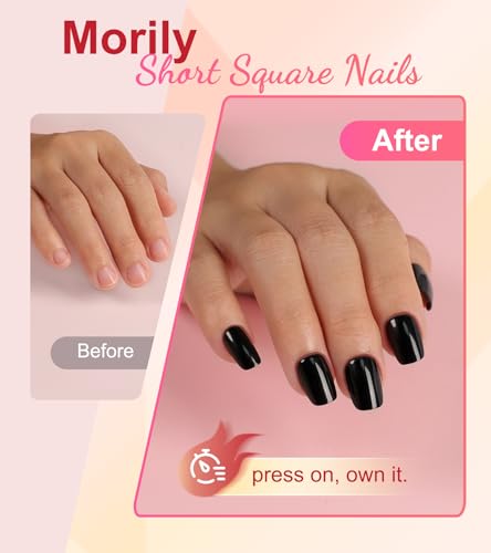 Morily Black Press On Nails Short Square Gel Finish - Glossy Black, 16 Sizes, 32 Pcs