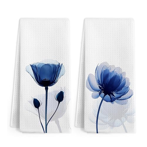 White Floral Hand Towels for Bathroom and Kitchen, Boho Flower Decor Set of 2, 16x24 Inches
