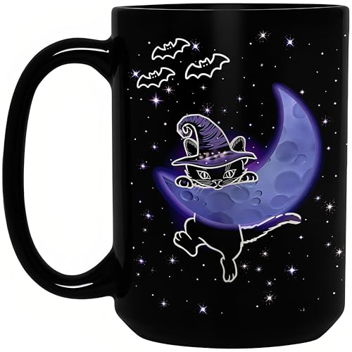 Halloween Cat Mug 15oz Black Ceramic Coffee Cup - Wizard Cat Variation