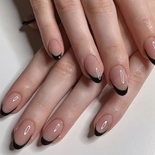 Modelones Black French Tip Press on Nails Short Almond 32Pcs - Variation A5-Black