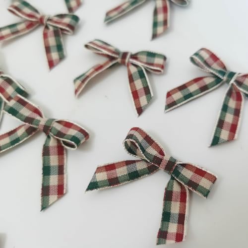 Mini Gingham Ribbon Bows for Gift Wrapping & Holiday Decor - 50PCS 1.5" Green & Red, Variation 078 / HotCutting