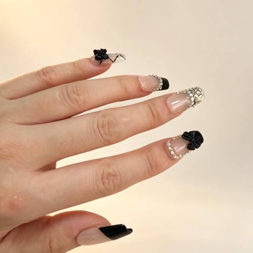 Black French Tip Medium Square Handmade Acrylic Press-On Nails - Edgy Nail Art Variation M