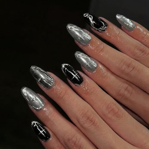 BABALAL Medium Almond Black Cat Eye Chrome Fake Nails - Silver Gothic Y2k Star, 30Pcs - Variation BFNZ013
