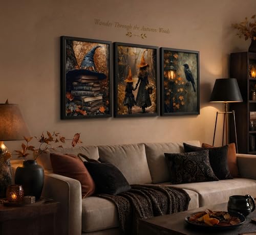 Halloween Canvas Wall Art Set - 3 Pieces 16x12 Inches Framed Gothic Witch Books Crow Autumn Decor