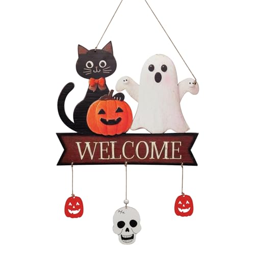 Halloween Welcome Sign Hanging Wood Decor - Ghost, Cat, Pumpkin & Skull