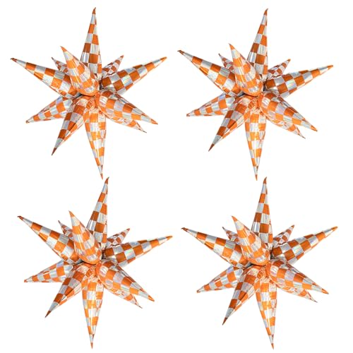 Orange Checkered Burst Star Foil Balloons - 32 Inch Party Decorations, Halloween & Fall Theme, 4 Pack