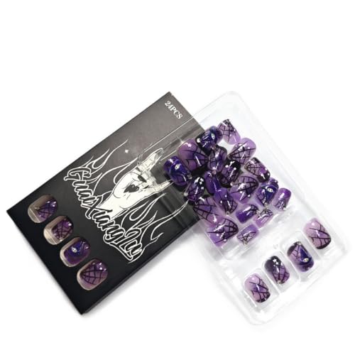 Halloween Short Square Press-On Nails with Spider Web Rhinestones - Purple Black, Reusable 24Pcs - Variation 26WSJ21