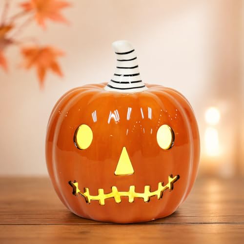 Halloween Ceramic Pumpkin Decor with LED Light - Orange, 5.5 Inch Tabletop Jack O Lantern
