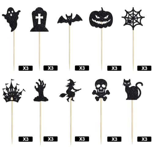 Halloween Cupcake Toppers - 30 Pcs Black Glitter Cake Decorations - Variation of THIS listing