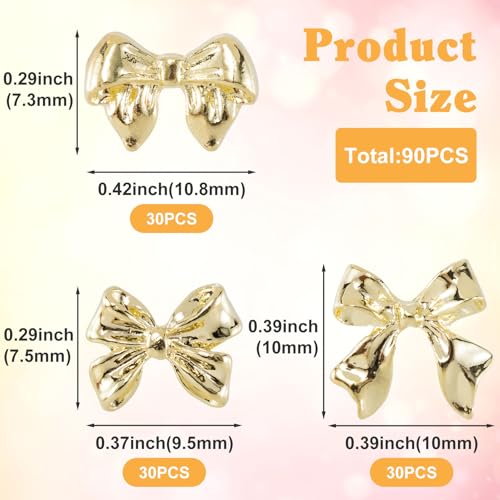 90Pcs Gold Bow Nail Charms for Nail Art & Crafts - 3 Styles