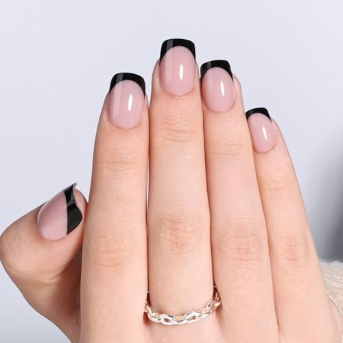 Black French Tip Press On Nails Kit - Short Square Fake Nails with Glue & Tools - Variation 7C Bare Eclipse