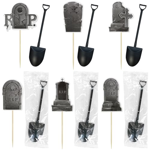 Halloween Cupcake Toppers and Dessert Spoons Set - Tombstone Graveyard Decorations for Parties