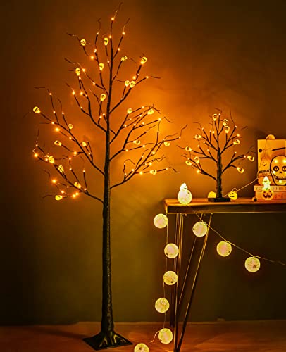 Orange Halloween Tree with 24LED Lights & Pumpkin Ornaments - 18IN Indoor Tabletop Decor