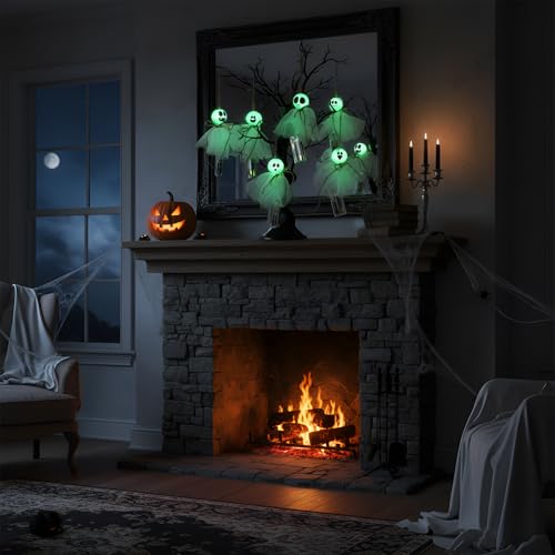 Halloween Hanging Ghost Decorations with LED Light - Green Light, 6 Pcs Indoor Outdoor