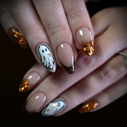 Halloween Press On Nails Almond with Ghost, Spider Web, Pumpkin, Bat & Flower - Style 26