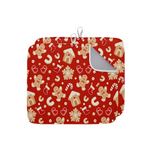 Christmas Gingerbread Man Dish Drying Mat - Absorbent Microfiber, 24 x 18 Inches, Red Snowflake Design - Holiday Kitchen Decor
