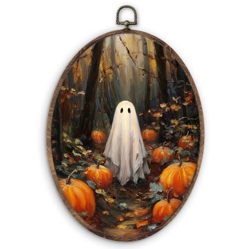 Ghost Pumpkin Oval Wall Art Decor - Fall Halloween Wall Hanging - 8.5x11 Inch - Variation: Ghost-9