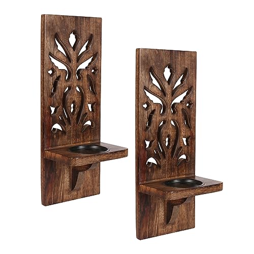 Burnt Wood Wall Sconces Set of 2 - Rustic Carved Pillar Candle Holders, 16 Inch, Farmhouse Style