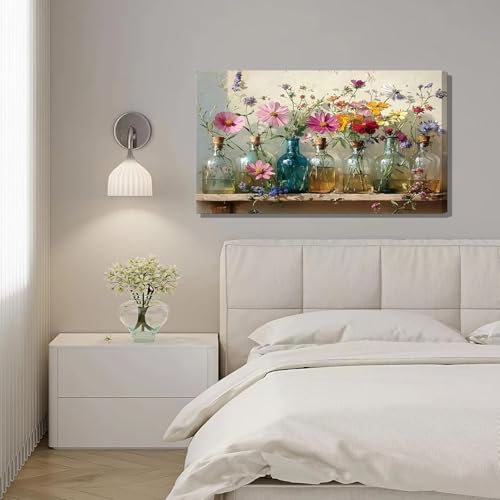 Colorful Farmhouse Floral Canvas Wall Art - 16x24 Inches Framed