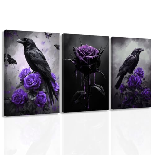 Purple Gothic Canvas Wall Art Set of 3 Crow and Rose Prints 11x14 Framed Halloween Decor