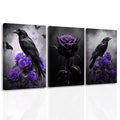 Purple Gothic Canvas Wall Art Set of 3 Crow and Rose Prints 11x14 Framed Halloween Decor