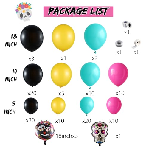 Day of the Dead Balloon Arch Kit with Skull Foil Balloons - Black, Blue, Red, Yellow