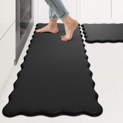 KIMODE Anti-Fatigue Kitchen Mats Set - Black Wavy 17.3x47 & 17.3x29 Inches