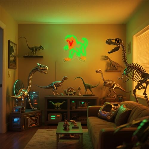Green Dinosaur Neon Sign - Dimmable Jurassic T-Rex LED Light Decor - 14.5x13.6"