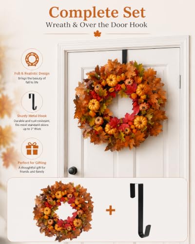 Large 24 Inch Autumn Fall Wreath for Front Door with Pumpkins and Leaves