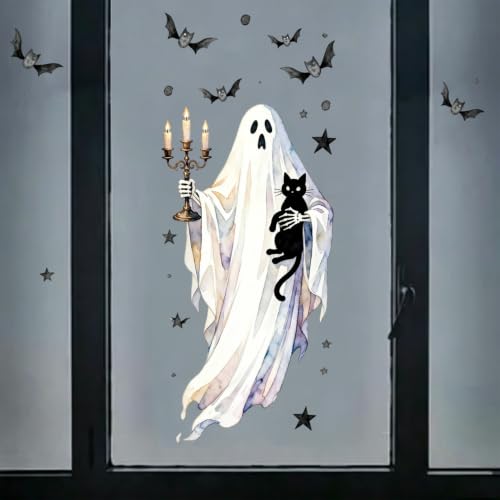Halloween Window Clings - Large Cat Ghost Spooky Stickers, 1 Sheet - Halloween Style 17