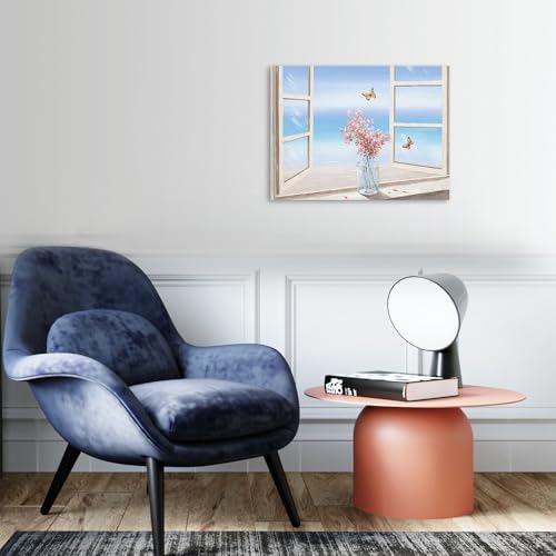 Pink Floral Bathroom Wall Art Canvas with Ocean View Window - 16x12in - Wall Decor
