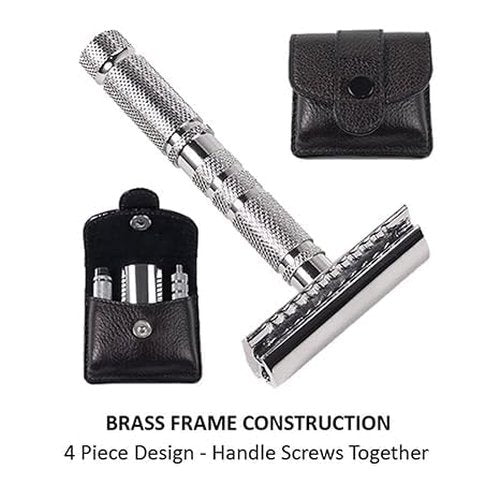 Parker A1R TRAVEL SAFETY RAZOR - Compact 4-Piece Double Edge Safety Razor with Protective Leather Case - Ideal for Everyday Use - Iconic Brand