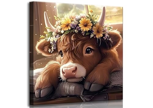 Highland Cow Canvas Wall Art - 20x20 Inch Farmhouse Decor with Wooden Frame