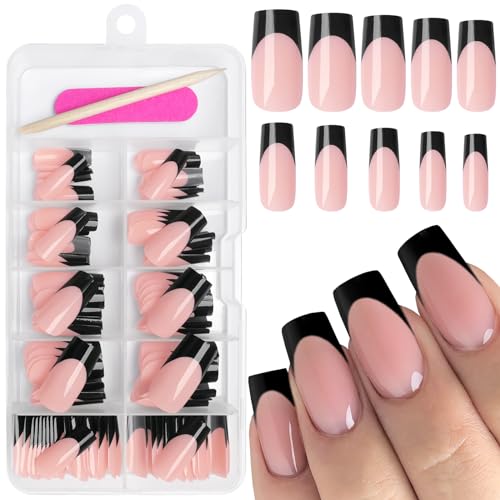 AddFavor Medium Square Black French Tip Press-On Nails 120pcs with Adhesive Tabs