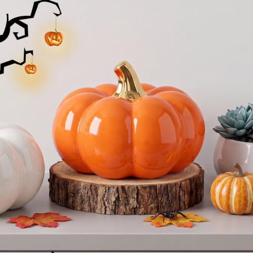 7-Inch Orange & Yellow Realistic Ceramic Pumpkins Halloween Decor - Variation B