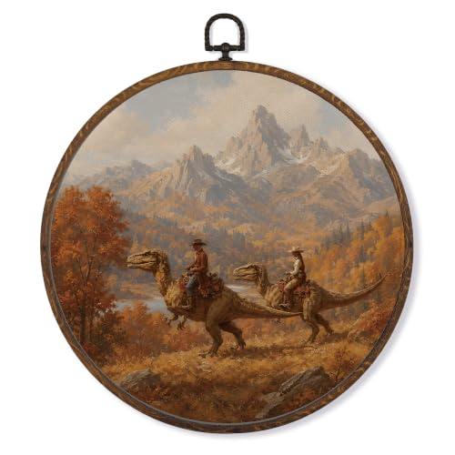 Western Cowboy Dinosaur Round Wall Art - 10x10 Inches - Fall Dino Variation