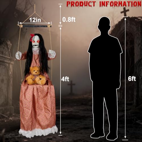 Halloween Hanging Decorations Outdoor - 4.6 FT Orange Swing Girl Doll with Lights & Sounds
