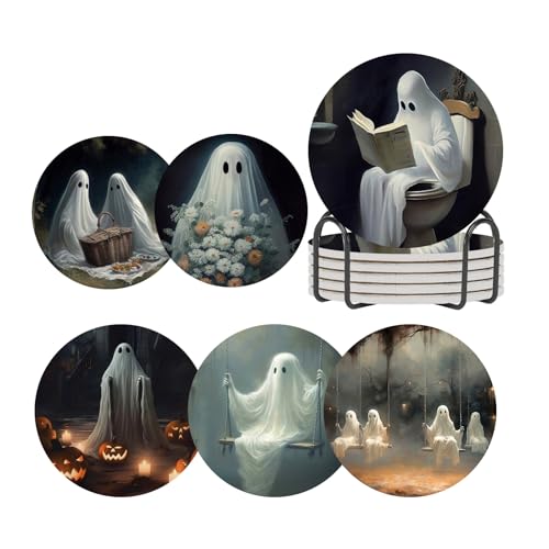 Halloween Ghost Coasters Set of 6 - Ceramic Drink Coasters with Cork Base & Metal Holder