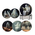Halloween Ghost Coasters Set of 6 - Ceramic Drink Coasters with Cork Base & Metal Holder