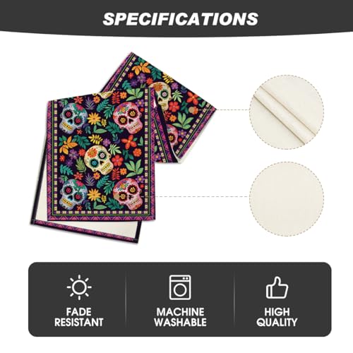Mexican Sugar Skull Table Runner - Day of The Dead Decor 13x48 Inch Multi Color