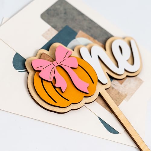 Wooden Pumpkin Cake Topper with Pink Bow - Fall Halloween Thanksgiving Decor - Yellow Variation