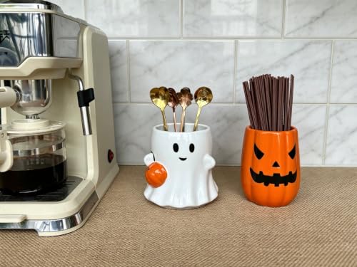 Halloween Ceramic Coffee Spoon & Utensil Holder Ghost with Pumpkin