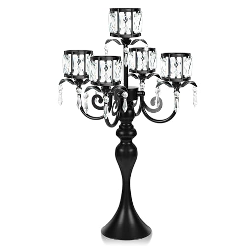 Crystal Candle Holder with Square Bowl - 22-Inch Black 5-Arm Centerpiece for Weddings & Events - Variation: Square-Crystal Bowl