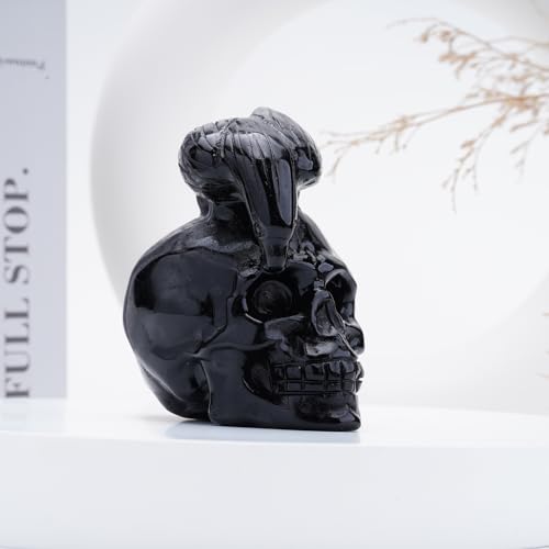 Obsidian Crystal Skull & Crow Hand Carved Statue - 3 Inch Reiki Healing Decor