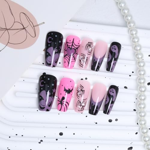 Halloween Press On Nails Set - Heart Spider Web Pumpkin Ghost Designs, Medium Square Pink Fake Nails with Rhinestones - Variation of THIS listing