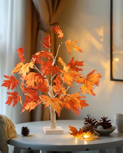 Light Up Artificial Maple Tree Decor - 22 Inch Thanksgiving Indoor Outdoor Pack of 2