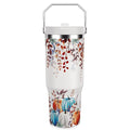 30oz Fall Tumbler with Handle & Flip Straw - White Blue Pumpkin & Maple Leaf Design
